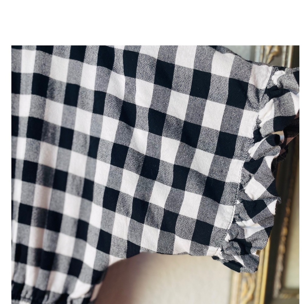Downeast Black White Gingham Plaid Babydoll Dress Ruffle Sleeve Pockets Size L - Picture 7 of 16